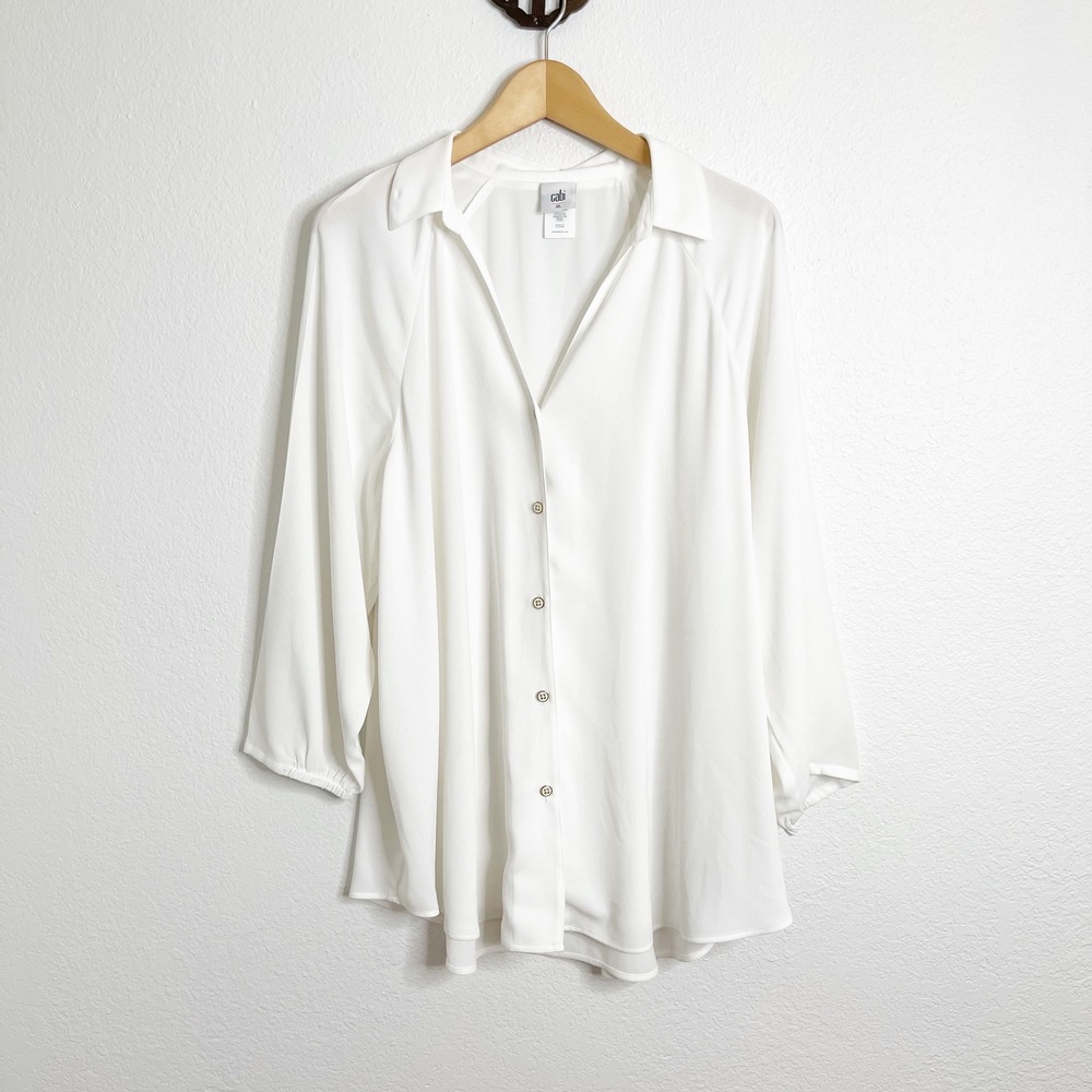 Cabi White Button‎ Down Blouse 5715 XL Womens V-Neck Flowy Top